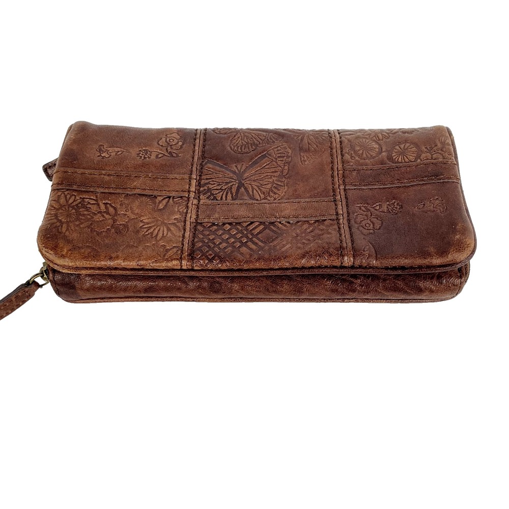 Fossil Embossed Leather Bifold Wallet Dk Brown Multi Pockets Clutch Supple Fine - Picture 3 of 7